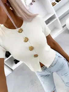 Women's Summer Casual & Elegant Knit Top, Round Neck Short Sleeve, Metal Button, Perfect for Dating and Daily Wear