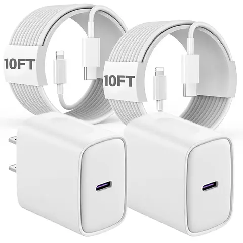 Fast Charger 10FT/6FT USB-C to Lightning Cable (2-Pack) with Type-C Charging Adapter Wall Charger Block for iPhone 14/13/12/11/X/XR. Mobile Smartphone
