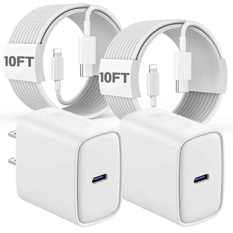 Fast Charger 10FT/6FT USB-C to Lightning Cable (2-Pack) with Type-C Charging Adapter Wall Charger Block for iPhone 14/13/12/11/X/XR. Mobile Smartphone