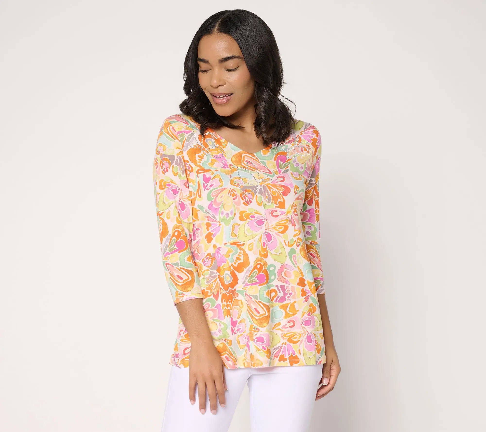 Quacker Factory Kaleidoscope Butterfly Embellished 3/4 Sleeve Top