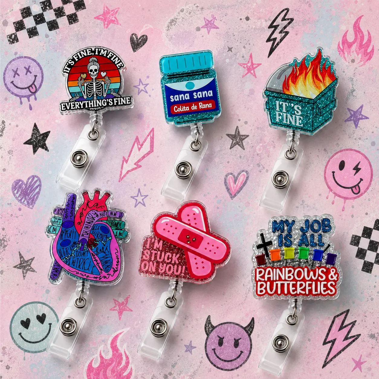 Badge Reel for Healthcare Workers, Funny Medical Humor Acrylic Retractable ID Badge Holder, Skeleton Lungs Bandage and Work Quote Badge Clip for Nurses