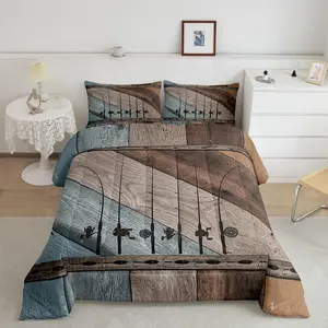 Feelyou Fish Themed Microfiber Bedding Set - Decorative Retro Patchwork Wood Fishhook Duvet Insert & Quilt Set, Fishing Gift for Men, Ice Fishing Gear-Inspired Soft Furnishings, Decorative Bedding Set, Microfiber Bed Set
