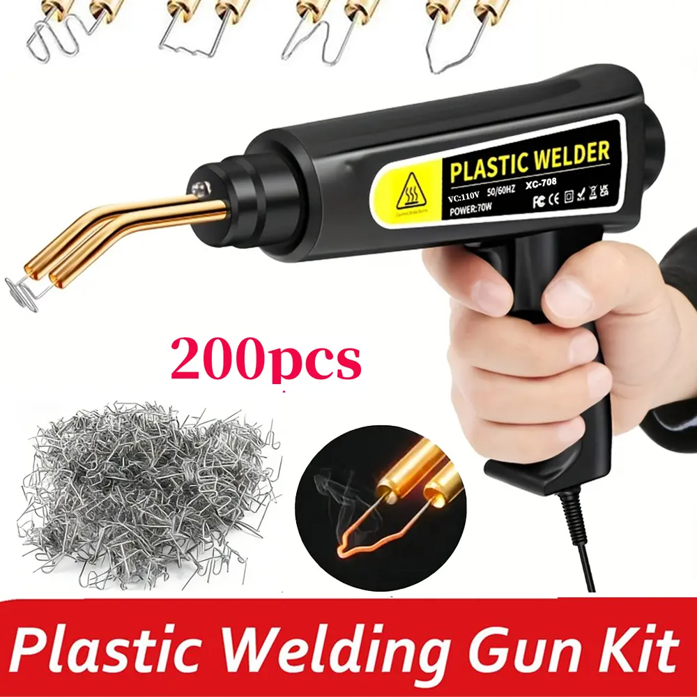 Plastic welding gun, quick heating PVC plastic repair tool, with 200 welding nail tool set, suitable for repairing cracks in car bumpers, kayaks, and plastic repair kit with hot staplers