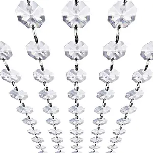 Crystal Garland Strands - Hanging Chandelier Gem Bead Chain - 14mm Clear Octagon Prism Diamond String Decorations for Wedding Manzanita Centerpiece Christmas Tree (Glass, 16 Feet)