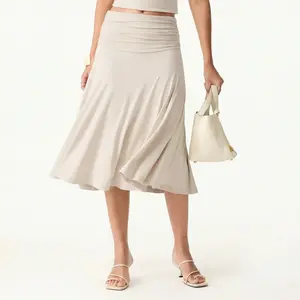 Flowy side ruched a line midi skirt elegant high waist comfortable summer everyday wear casual versatile skirt