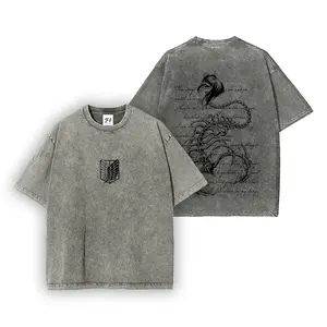 Valentine Shirts Attack on Titan Eren Yeager Skeleton Graphic Vintage Washed T‑Shirt, Double‑Sided Survey Corps Logo Oversized Tee, Retro Cotton Unisex Streetwear Short Sleeve Top, Casual Anime Fan Gift for Men Women