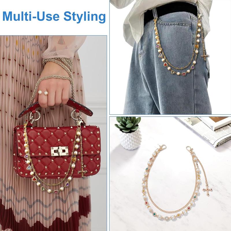 Layered Gold Silver Wallet Chains with Rhinestone Flower Pearl,Unisex Jean Pocket Chains for Men & Women,Fashion Punk Accessories for Bags,Wallets,Pants