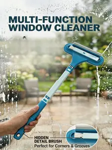 Multi-Functional Window Screen Cleaner Brush,Window Cleaning Brush, Cleaning Supplies, 2-in-1 Double-Sided Window Screen Cleaning Brush and Glass Wiper with Scraper, Long Handle, Dual-Use for Wet and Dry Cleaning.
