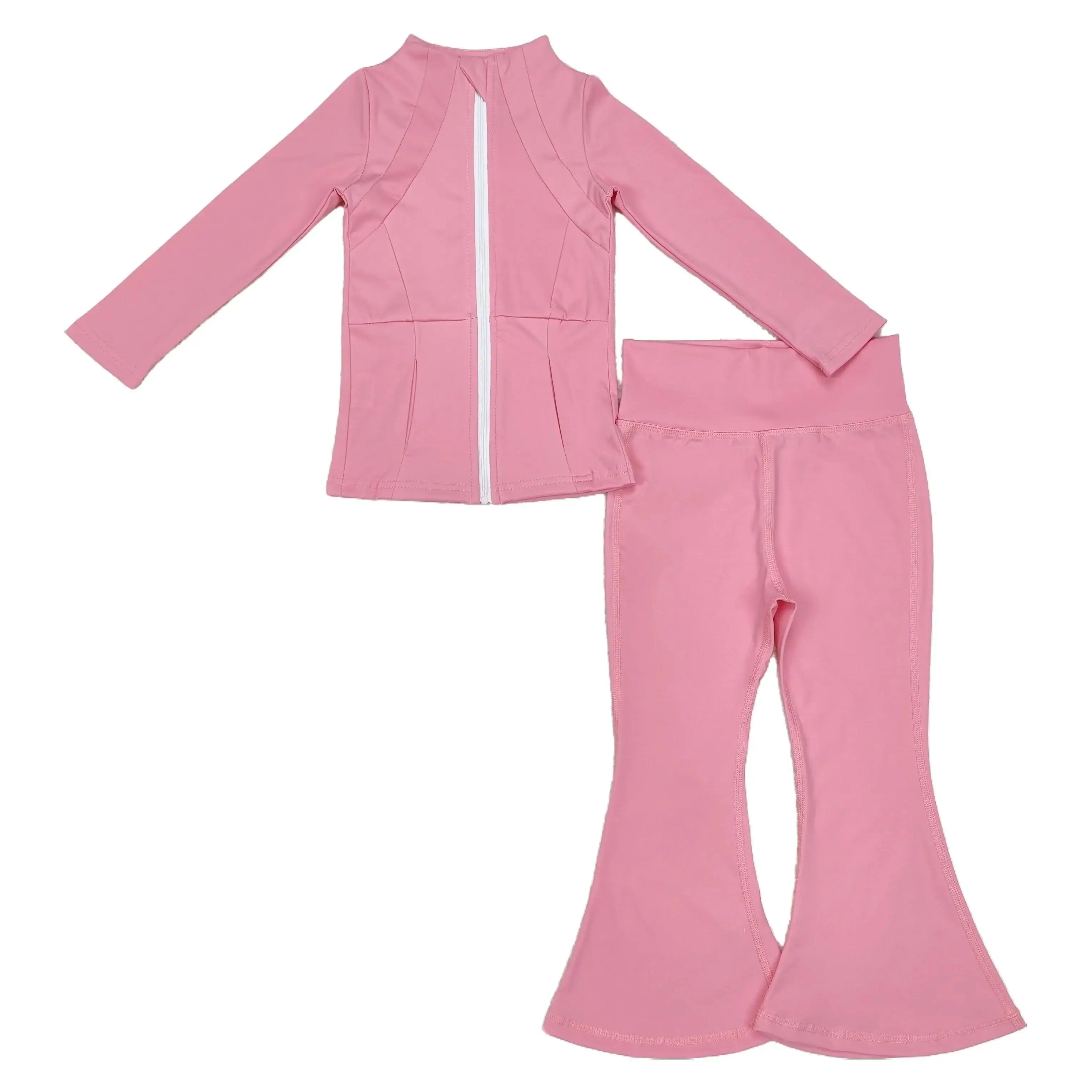 Girls' 2-Piece Cheer Bell Bottom Outfit, Dark Pink Long Sleeve Crop Top and Pants, Cotton Blend Athletic Wear, Sports Clothing, Clothes For Girls, Kids Clothing Girls