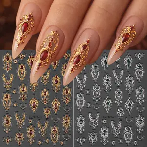 2 pcs Golden & Silvery Palace Style Embossed Gemstone Nail Stickers, Ruby Sapphire Jewelry Nail Decals, DIY Manicure Decorations