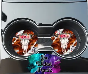 Cute Car Coasters Set of 2 Cow Hide Western Bullhead Floral Cowgirl Cowboy Cute Car Truck Western Accessories Decor Cup Holder New Car Gift Car Decoration Women Girl Car