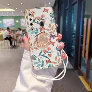 A20S Popular Series Simple Silicone Strap Lanyard Phone Holder Case Accessories For Compatible With Samsung Galaxy A20S Plating Cover and Protective Shockproof Artistic Creation of Leaves Protector Cases
