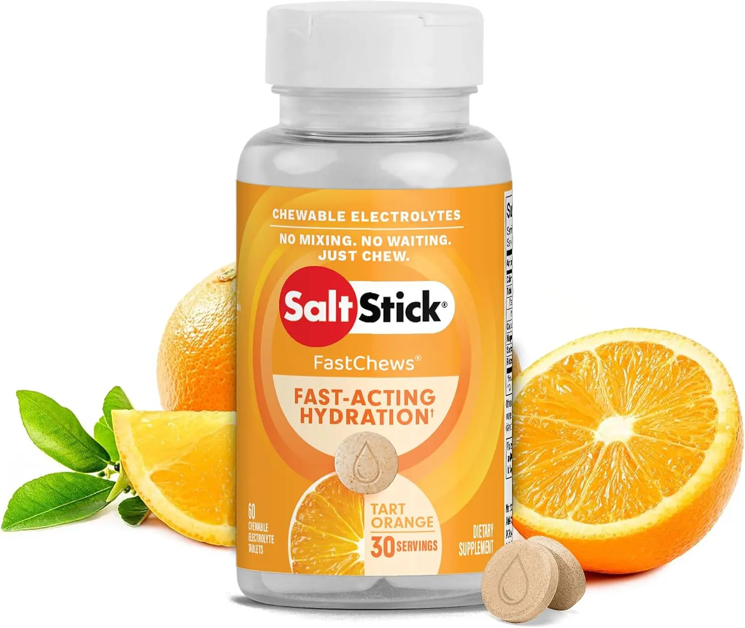 SaltStick Electrolyte FastChews - 60 Orange Chewable Electrolyte Tablets - Salt Tablets for Runners, Sports Nutrition, Electrolyte Chews - 60 Count Bottle | Chewable electrolyte tablets that start working in 45 seconds. No mixing or waiting