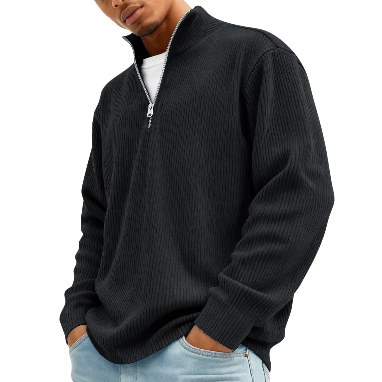 Gihuo Men's Vertical Ribbed Quarter Zip Mock Neck Pullover, Casual Long Sleeve Half Zip Sweatshirt