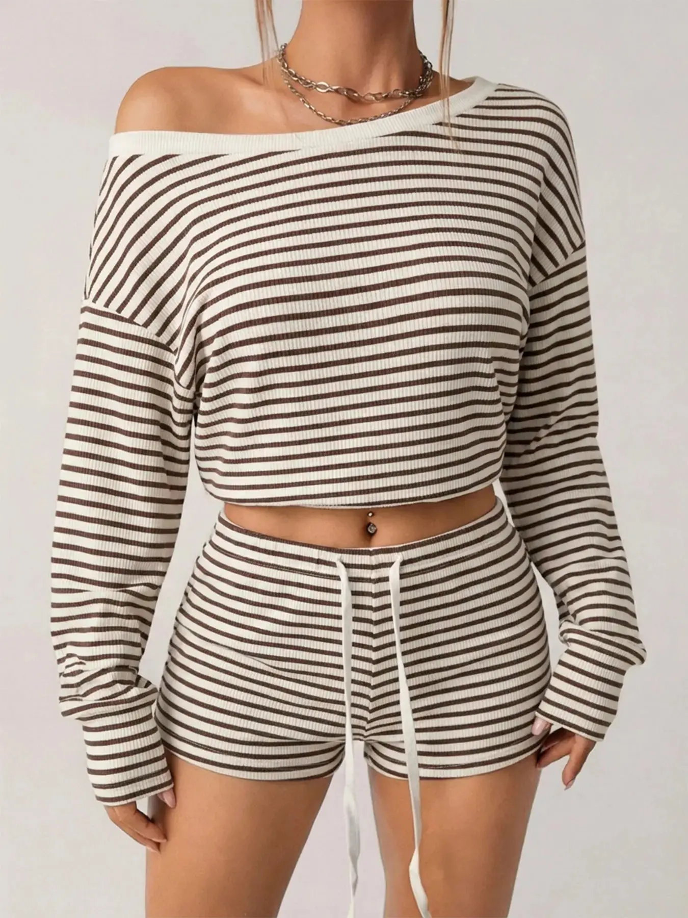 Women's Striped One Shoulder Two-Piece Set Fitted Short Top Drawstring Shorts Casual Summer Trendy 2026