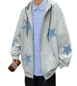 Hopecn Star Hoodie Men Women Y2K Graphic Aesthetic Zip Up Jacket Grunge Oversized Sweatshirt Punk Fashion Streetwear Grey Cotton Love Outdoor Sports Stylish Tops Vintage Matching