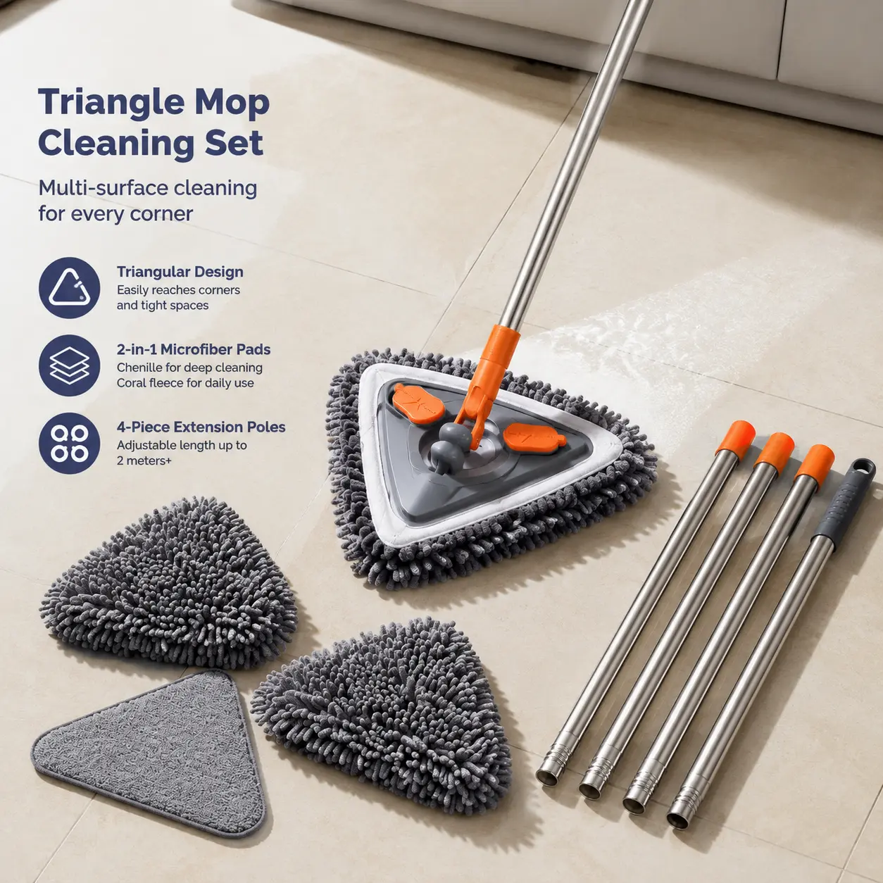 360-Degree Rotating Triangle Mop with 2M Extra-Long Extendable Handle, Long-Handled Rotating-Head Cleaner for High Windows, Floors & Corners, Microfibre Wet/Dry Mop for Wall & Ceiling Use, Long-Handled Rotating-Head Mops, Microfibre Mops