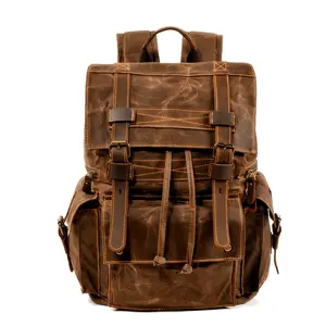 Vintage Waxed Canvas Laptop Backpack – Water Resistant Travel & Work Bag with Crazy Horse Leather for Men & Women