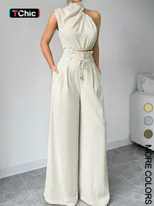 Women's Elegant Two-Piece Set, Irregular Crop Top & Wide-Leg Pants, Fitted Suit, Plain Pattern, Perfect for Casual Wear