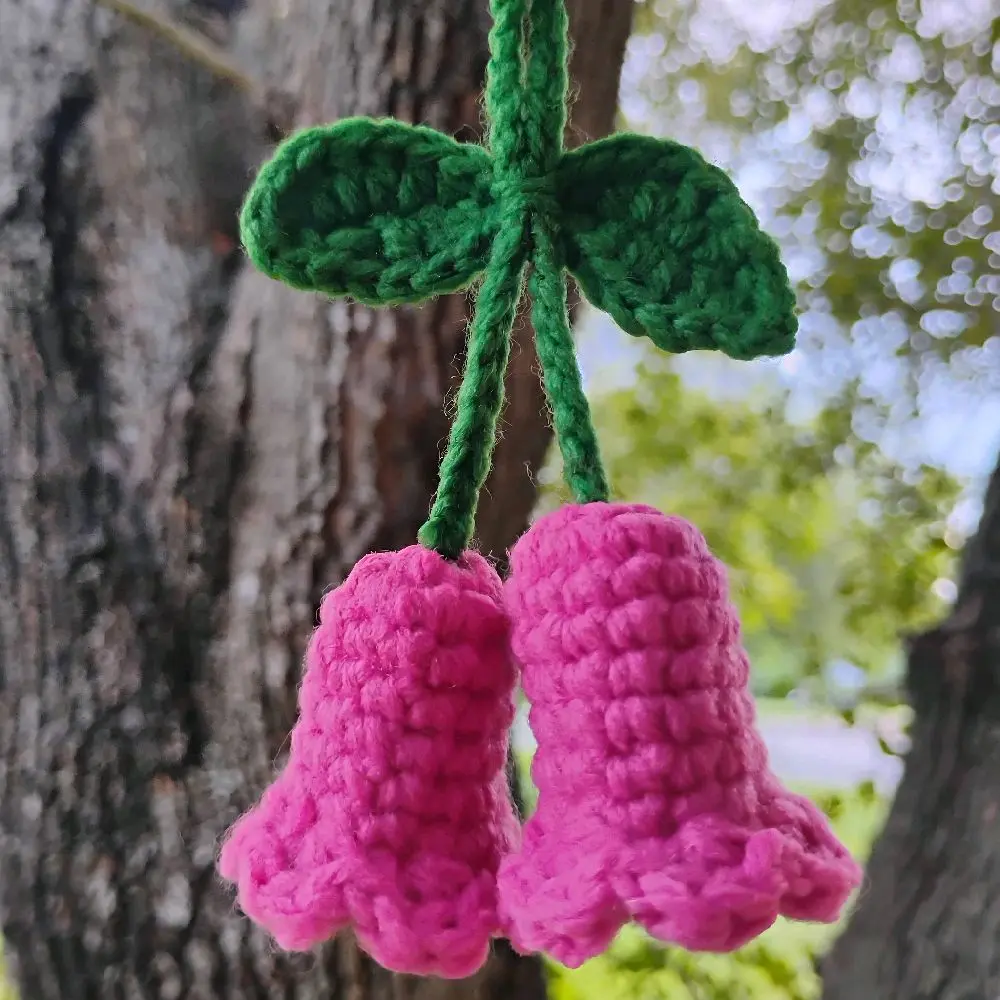 Bell Flower Crochet Keychain - Pink Crocheted Bell Design with Green Leaf Accents
