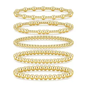 17km Gold Bracelets for Women Waterproof, 14K Gold Plated Beaded Strand Bead Ball Bracelets stack Adjustable Jewelry Set for Gifts
