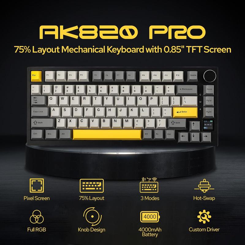 Ajazz AK820 Pro 75% Mechanical Keyboard, Gasket-Mounted Gaming Keyboard with TFT Smart Display&Knob, BT 5.1/2.4G Wireless/Type-C Wired Custom Keyboard