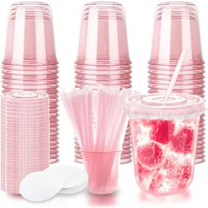 12oz Disposable Stemless Glasses with Flat Lids and Straws,PET Disposable Drinking Cups,Clear Plastic Wine Glasses  Parties Birthday,Wedding,Meeting,Christmas Party Supplies. (50, Pink)