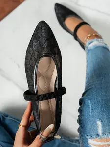 French Pointed Toe Lace Mary Jane Shoes for Women, Flat Elastic Strap Slip-On Flats, Ballet Flats, Spring New Elegant Commuter Shoes