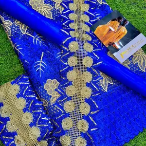 Elegant Blue and Gold Lace Fabric with Bazin and Trims