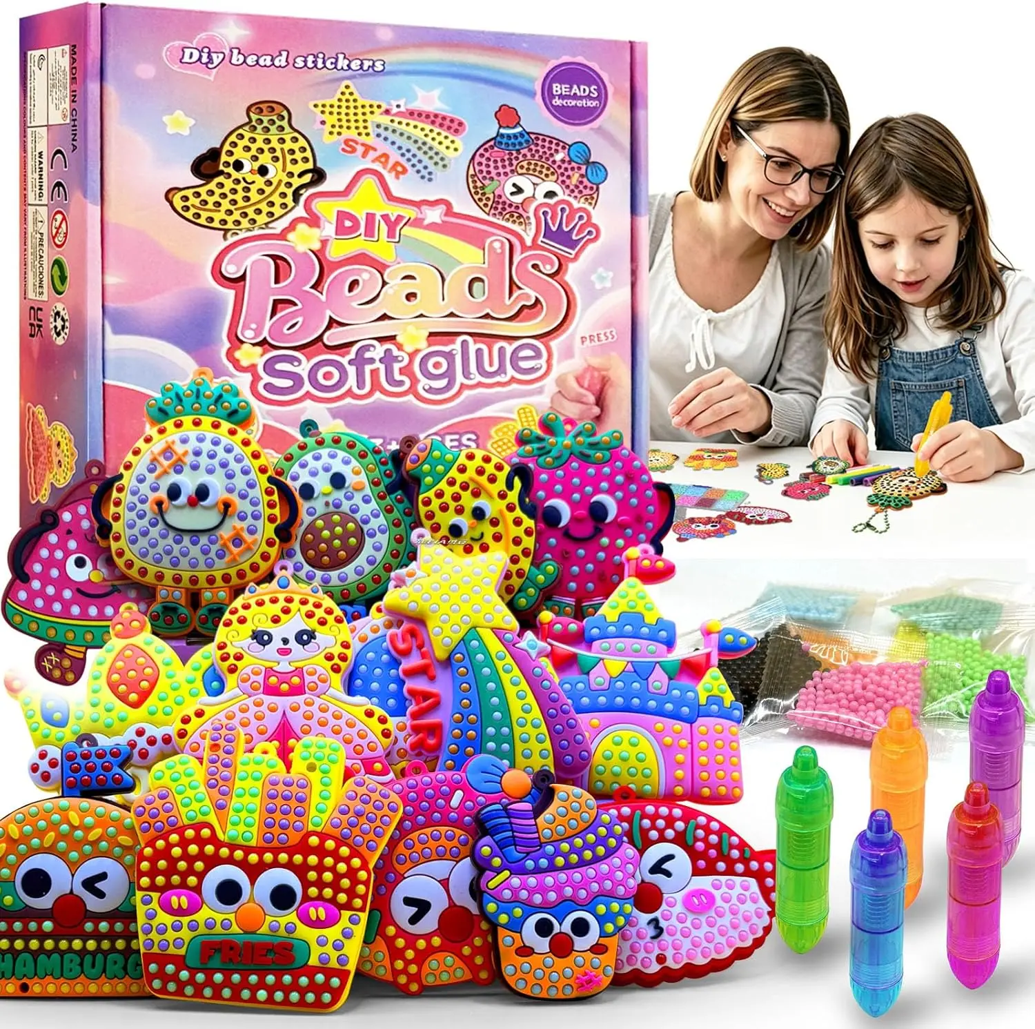Silicone Bead Mosaic Art Kit for Kids, 15 Color Template Sets, DIY Educational Arts and Crafts Supplies, Unisex Indoor Beading Toy, Creative Hobby Activity Gift for Boys Girls Ages 4-12