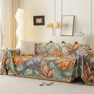 Floral Pattern Sofa Cover with Tassel Edges, 1 Count Exquisite Anti-scratching Sofa Towel, Sofa Decoration and Protective Cover for Living Room, Bedroom, Dustproof Sofa Slipcover, Universal Sofa Protector