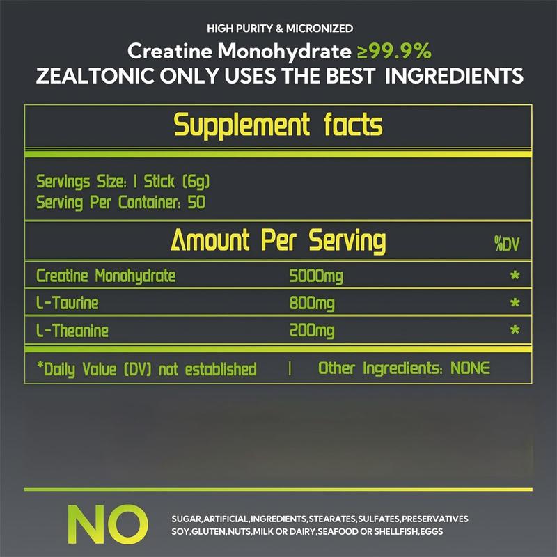 5000mg 99.9% Micronized Creatine Monohydrate Powder Stick Packs with 800mg of Taurine, and 200mg of L-theanine Supports Strength, Lean Muscle, & Recovery for Men & Women Creatine Packets 50 Servings
