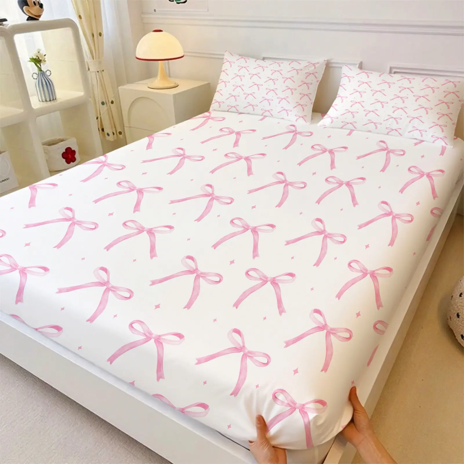 Sweet Pink Bow Pattern Fitted Sheet, Include One Bedspread and Two Pillowcases, Coquette Style Bed Cover, Adorable Girly Mattress Protector for Bedroom & Dorm Room, Cute Bedding