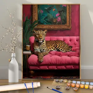 1 Pc Leopard Lying on the Pink Sofa - 16×20 Inches - Frameless - DIY Paint by Numbers Kit for Beginners - Acrylic Painting Set - Handmade Art Craft - Perfect for Home Wall Decoration & Gifts - Frame Not Included