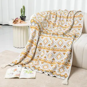 Versatile Boho Throw Blanket - Soft Knit Geometric Pattern Blanket with Tassels for Couch Bed Living Room Office Naps Travel| Lightweight Air Conditioner Blanket for Home Decor & Daily Use