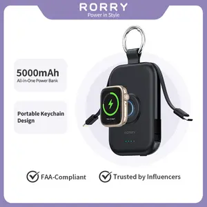 RORRY CharmGo Portable Charger 5000mAh Portable Charger Power Bank with Built-in Cables Travel Keychain Battery Pack for Apple Watch Ultra/11/10/9/8/7/6/SE iPhone Air/17/16/15/14/13/12 Gadgets Compact Device Charging