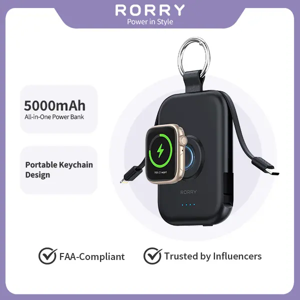 RORRY CharmGo 5000mAh Keychain Power Bank – Built-in USB-C and Lighting Cable, Ultra-Compact Travel Charger for All iPhones & Apple Watches Device backtoschool,back to school,back to school haul techvibes