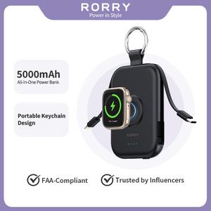 RORRY CharmGo 5000mAh Keychain Power Bank – Built-in USB-C and Lighting Cable, Ultra-Compact Travel Charger for   All iPhones & Apple Watches Device