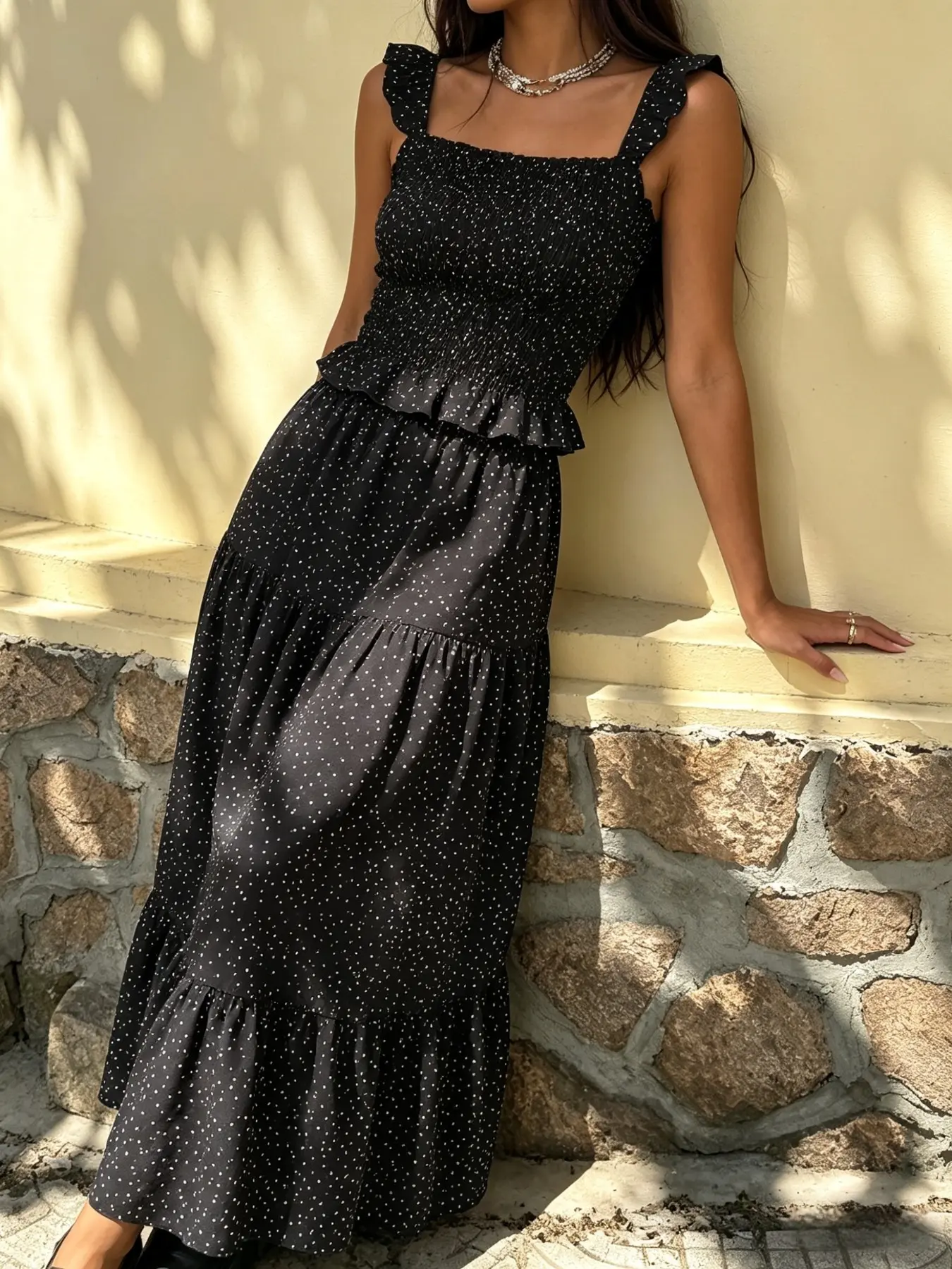 Summer Elegant Chic Women's Polka Dot Two-Piece Set, Base Dots Ruched Sleeveless Halter Top + Layered Ruffle Long Skirt, French Style, Womenswear, Outfits