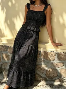 Summer Elegant Chic Women's Polka Dot Two-Piece Set, Base Dots Ruched Halter Top + Layered Ruffle Long Skirt, French Style