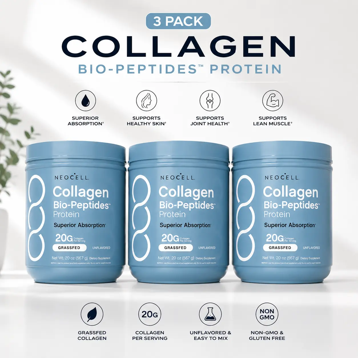 [3-Pack Bundle] NeoCell Collagen Bio-Peptides Powder 20oz - Grassfed Protein Supplement - Advanced with 18 Essential Amino Acids
