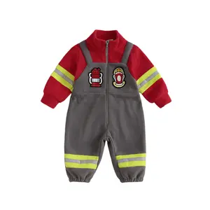 Baby Firefighter Outfit Toddler Boy Girl Fireman Costume Coral Fleece Romper Halloween Outfits Cosplay Warm Clothes