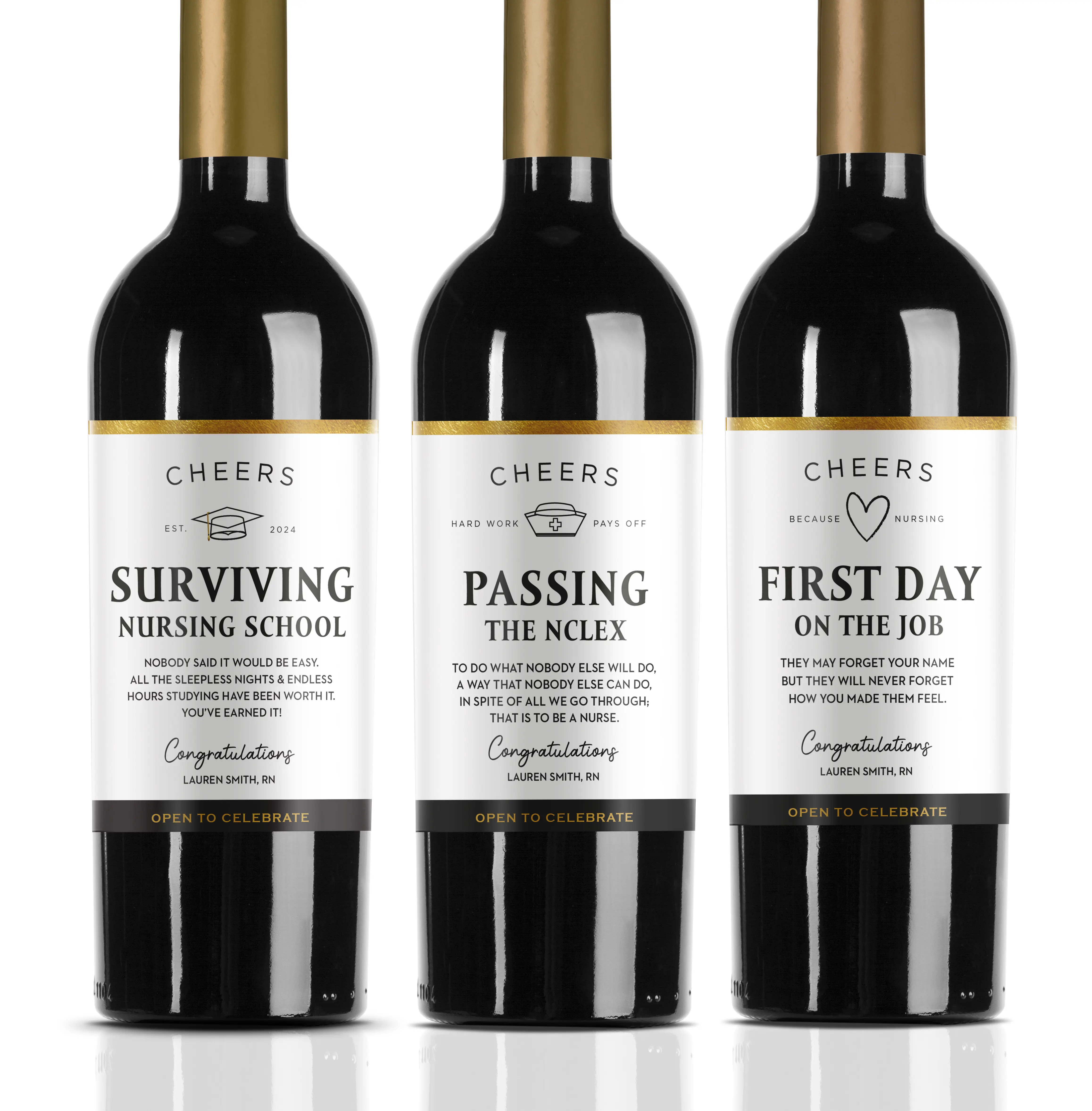 Nurse Graduation Gift, Wine Labels Set of 3 by Elleedees