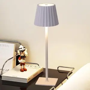 Tall Leg Pleated Design Table Lamp, USB Rechargeable Touch Control 3 Color Dimming Desk Lamp, Indoor Lighting for Bedroom, Restaurant, Living Room