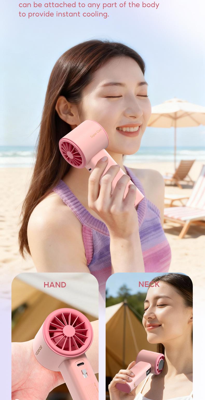 The Yodevoe 3-in-1 Mini Handheld Cooling Fan features 100 wind speeds and an icing function. This compact, foldable 3-in-1 neck/desktop/handheld fan has a pocket design, making it suitable for travel, summer, concerts, and even for casual use.