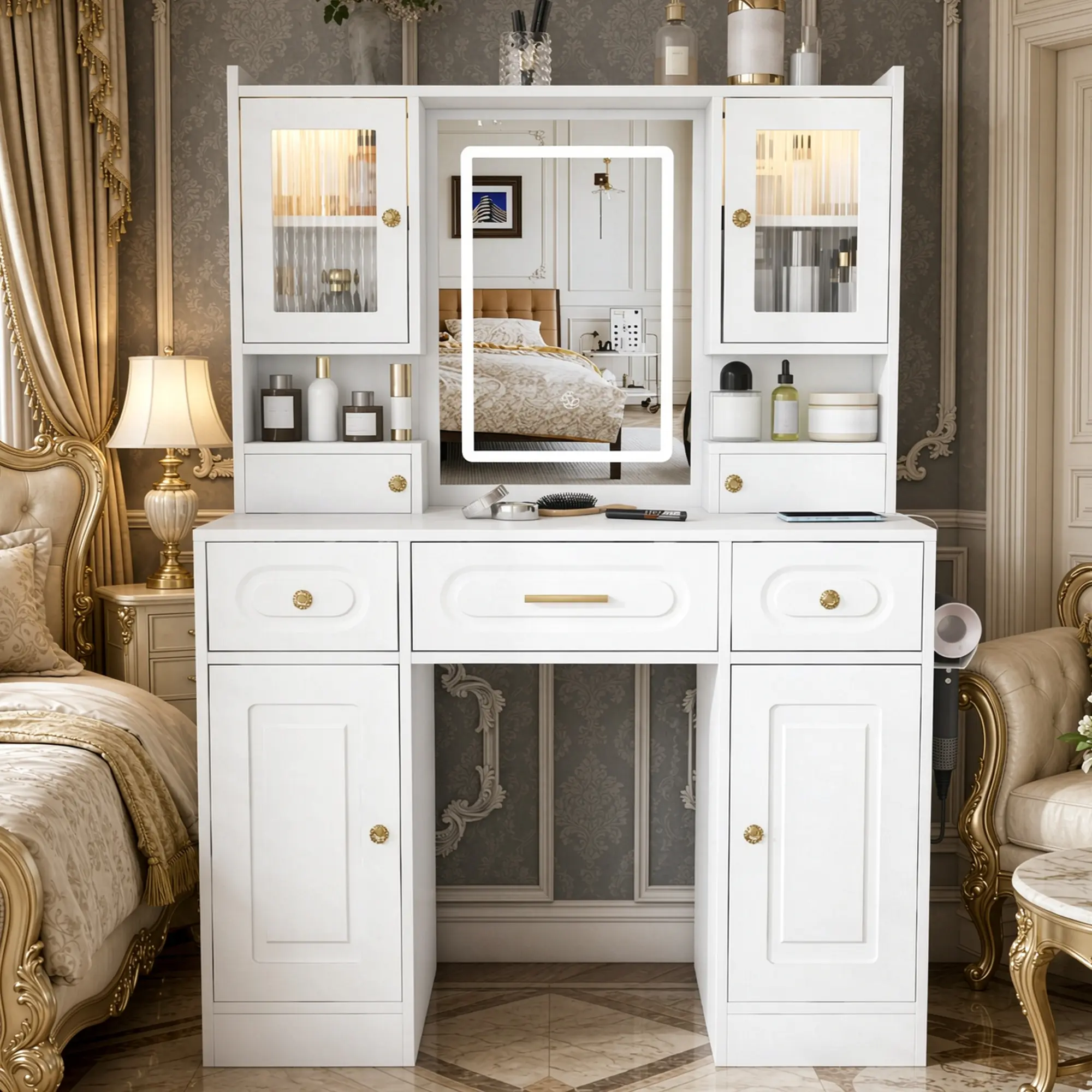 39.4" Large Makeup Vanity Desk with Mirror and Lights, White Vanity Table with Charging Station, Dressing Table Makeup Vanity Desk with Lights Mirror and Drawers,White