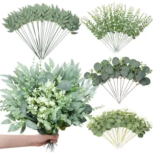 100 count  Artificial Eucalyptus Stems Leaves Bulk, 4 Kinds Faux Greenery  Dollar Leaves for Wedding Vase Bouquet Floral Arrangements