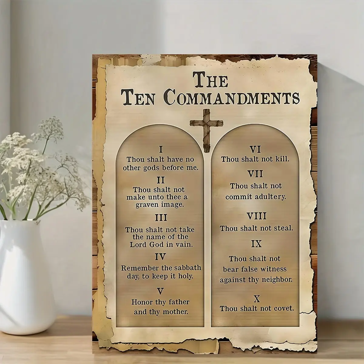 1 Piece Vintage Ten Commandments Bible Poster - Old Testament Sticker Includes Hebrews 1-10 - Christian Church Home Office Decoration - Antique Canvas Print - Educational Religious Wall Art - Wooden Frame Canvas Poster - Suitable for Living Room, Bedroom,