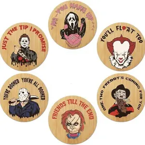 6 Piece Horror Movie Character Coaster Set, Unique Halloween Round Wooden Coasters for Party Decor, Perfect for Coffee Table & Kitchen Display