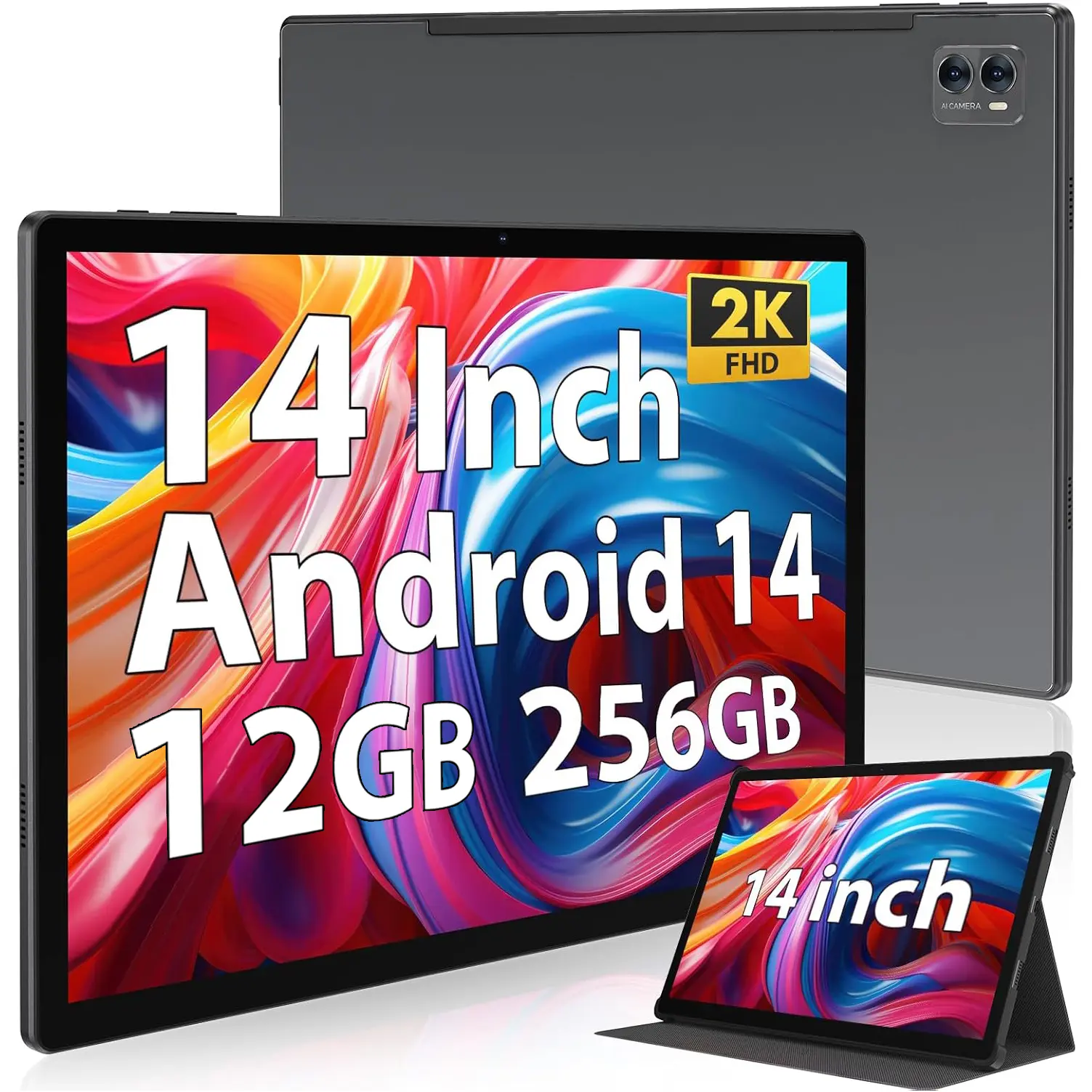POWMUS 14inch Tablet PC, Support Split-Screen Operation, Face Unlock, 256GB ROM 1TB Expand, 12GB RAM Octa-core, 11580 mAh Battery 18W PD Fast Charger, 5G WiFi, BT5.0, Touchscreen Display All In One Internet Tablet for work, With Case